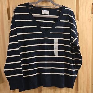 Old Navy Women's V-Neck Sweater in Navy and White Stripes